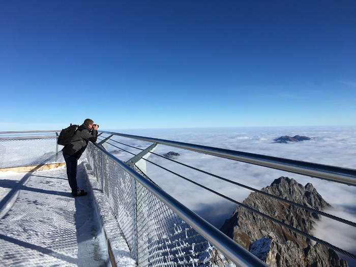 zugspitze，摄影师，云上，山上，秋天，观景台，栏杆，雪