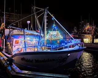加拿大纽芬兰和拉布拉多德格雷夫港——2017年12月22日。2017年12月22日，在德格雷夫港拍摄的夜晚用灯光庆祝圣诞节的渔船。