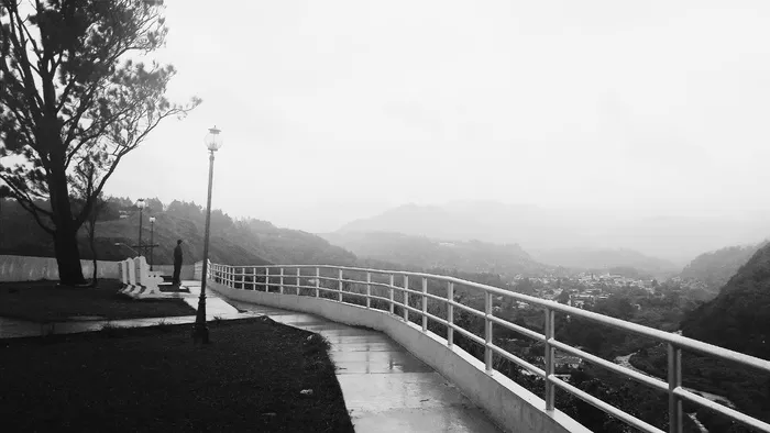 人，站，顶，建筑，树，面，山，有盖