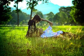 浪漫，日落之夜，爱情，草，青少年，植物，田野，土地