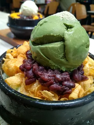 冰，抹茶，韩国甜点，新鲜，玉米抹茶，玉米片，patbingsoo，大豆