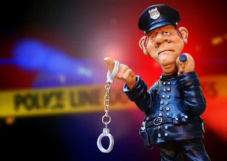 选择性、聚焦摄影、警察雕像、警察、犯罪现场、蓝光、发现、手铐