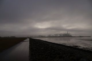 港口，堤防，远去，北海，大海，背光，云，天空