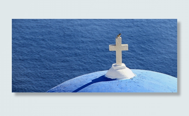 鸟，栖息，白色，混凝土，十字架，希腊，海，教堂