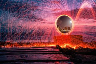 火、环、运输、传送、圆形、天空、水、火花