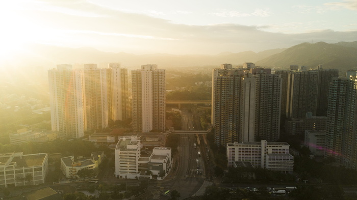 香港，天水围，太阳，阳光，早晨，摩天大楼，灯火，薄雾
