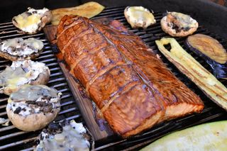烧烤，三文鱼，染色，铺板，美味，三文鱼片，食品，雪松