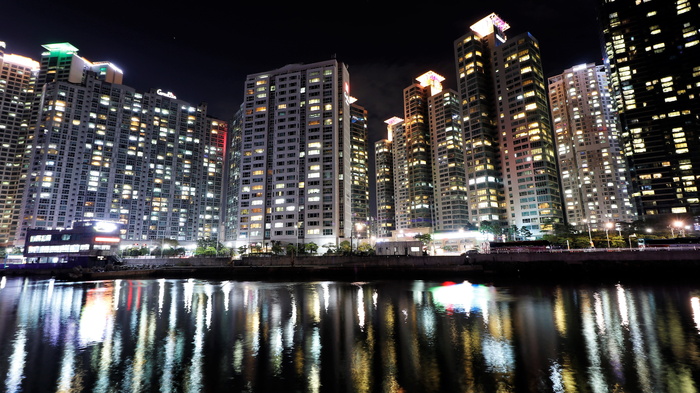 韩国，海云台海滩，釜山，夜景，浴场，大海，沙滩，景观