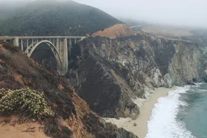 白天海滩边灰色和棕色的桥