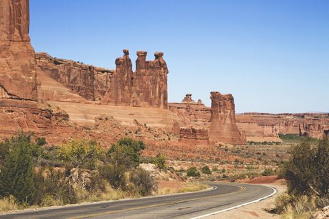 美国，拱门国家公园，红岩，景观，道路，拱门，三个八卦，岩石形成