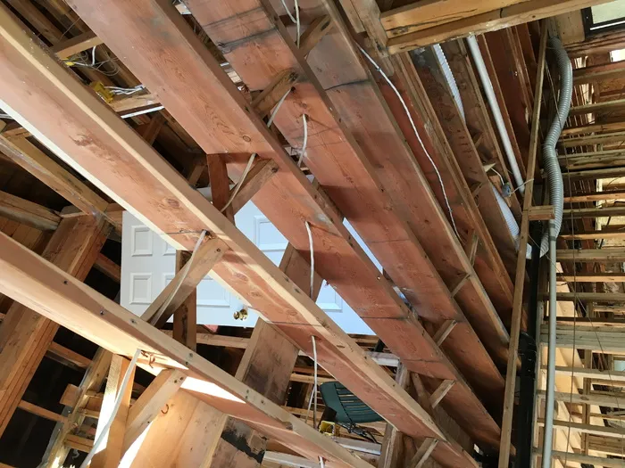 加拿大，温哥华，建筑工地，建筑，木框架，木质材料，低角度视图，室内