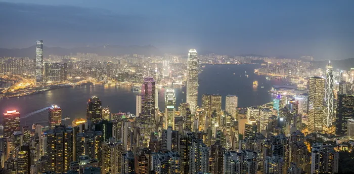 香港，傍晚，城市，日落，摩天大楼，上层建筑，集聚，建筑玻璃