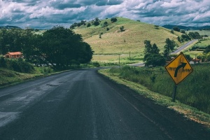 蓝天下树木旁的空旷道路