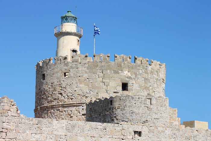 混凝土，城堡灯塔，蓝色，天空，agios nikolaos城堡，曼德拉基，港口，罗德岛
