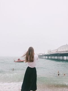 女人，模特，海滩，多云，游泳，码头，黑色，裙子