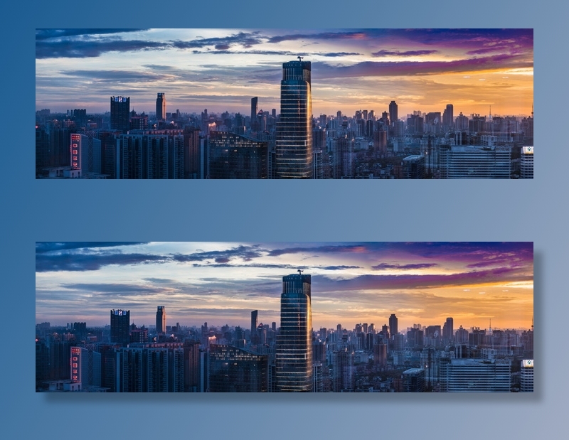 橙色日落时高层建筑的全景摄影