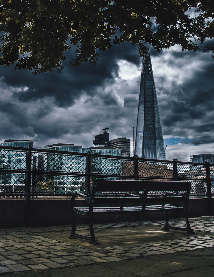 伦敦，英国，城市，城市，长凳，碎片，风暴，云