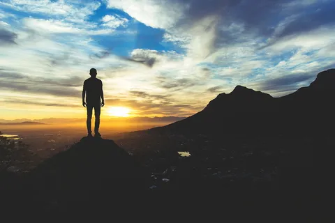 剪影,人,顶,山,谷,悬崖,山,日落 剪影,人,顶,山,谷,悬崖,山,日落