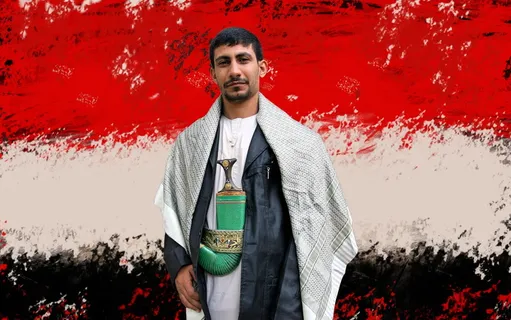 也门，国旗，衣衫褴褛，正面视图，红色，站着，一个人，微笑