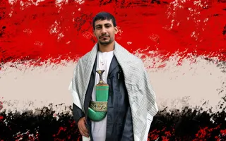 也门，国旗，衣衫褴褛，正面视图，红色，站着，一个人，微笑