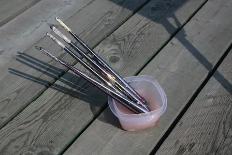 画笔、艺术、浸泡、清洁、木质材料、静物、高角度视图、桌子