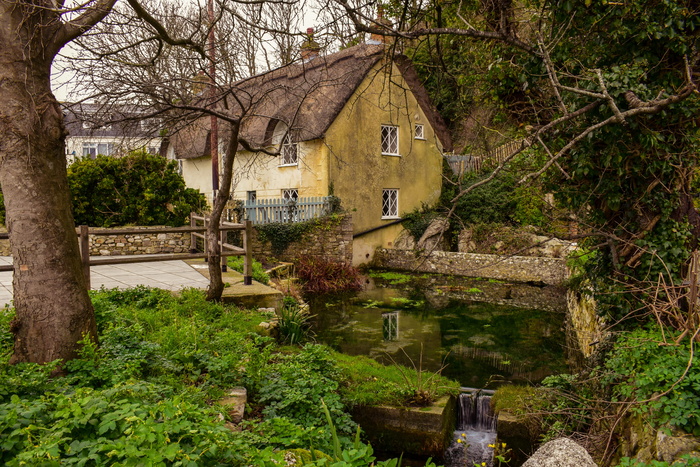 房屋、平房、乡村、建筑、住宅、池塘、花园、建筑