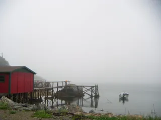 加拿大、纽芬兰、红色小屋、海洋、新斯科舍、雾、码头、船