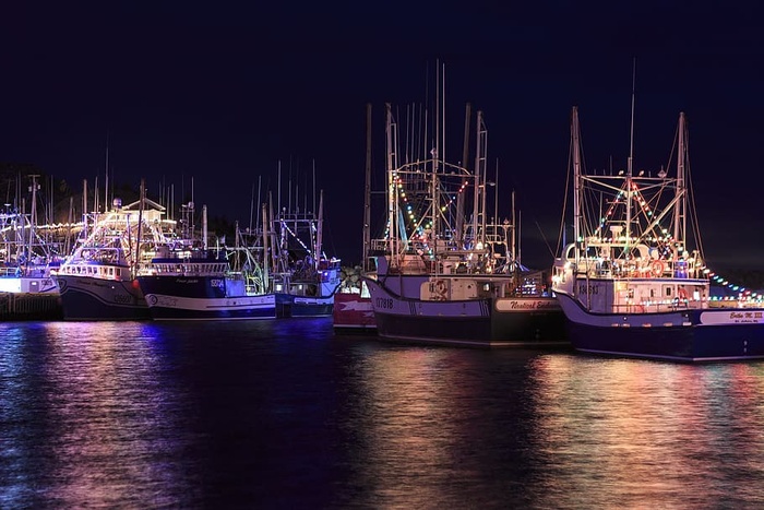 加拿大纽芬兰和拉布拉多德格雷夫港——2017年12月22日。2017年12月22日，在德格雷夫港拍摄的夜晚用灯光庆祝圣诞节的渔船。