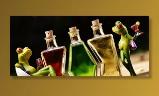 玻璃瓶，旁边，青蛙雕像，青蛙，饮料，瓶子，酒精