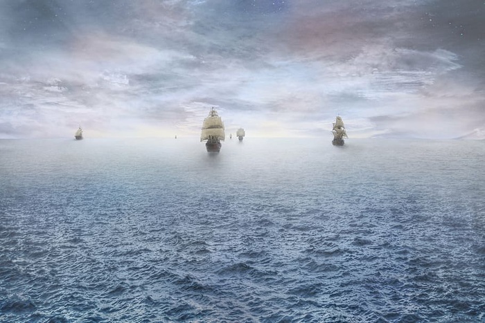 六艘，帆船，身体，海洋，白天，海盗，船，海洋