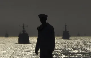 水手、海军、军队、剪影、日落、黄昏、夜晚、船只