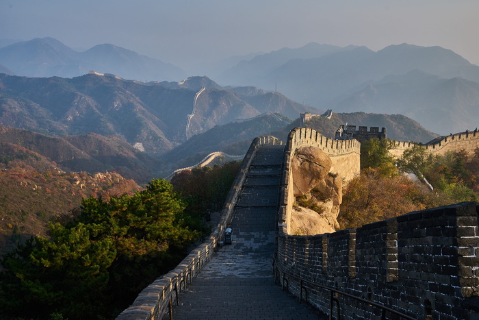 长城，中国，山，日落，风景，全景，长城