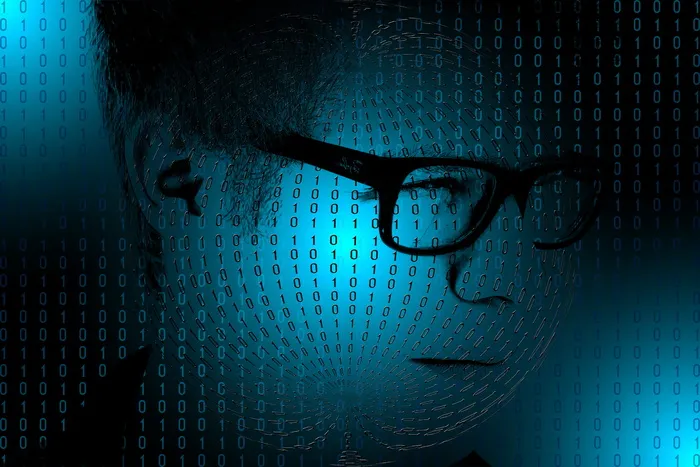 二进制、代码人脸插图、男人、男孩、时尚、互联网、网络、一体