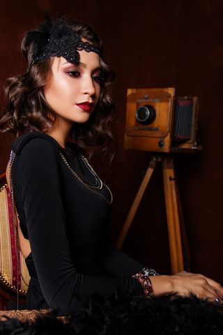 女人，站着，折叠，相机，一，人，成年人，肖像