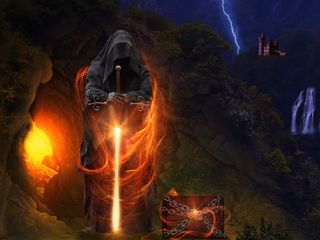 男子, 穿着, 黑色, 长袍, 控股, 发光, 红色, 剑