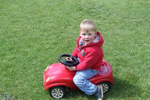 玩具车，男孩，玩耍时间，草，红色，童年，儿童，仅限儿童