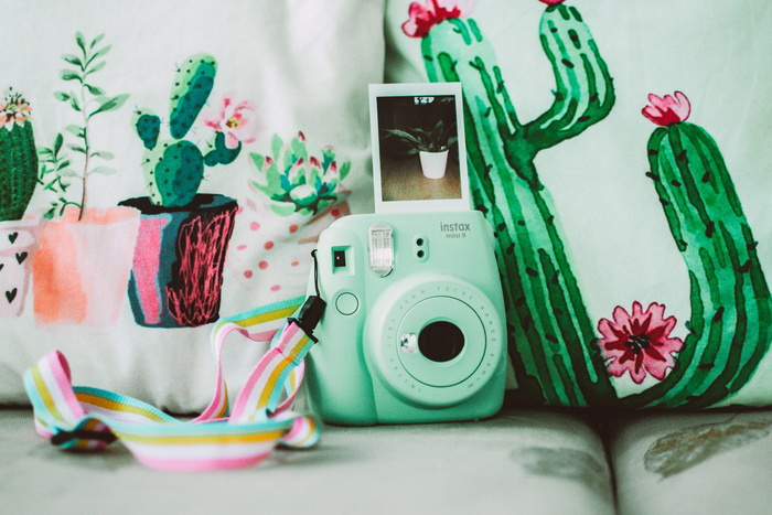 仙人掌植物印花纺织品附近的绿色Instax Mini 8即时照相机