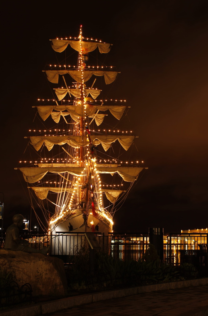 美国、新伦敦、cuauhtemoc、理货、barque、灯光、照明、夜间