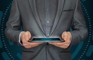 man，holding，台式计算机插图，商业，技术，连接，计算机，通信