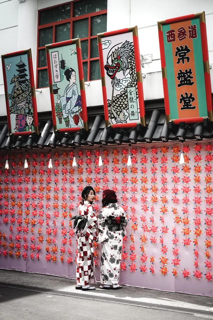 两个穿着黑白传统服装的女人站在墙上