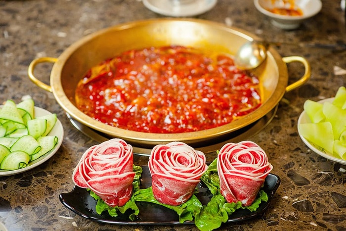 火锅，内容物，牛肉，食品和饮料，食品，无人，室内，特写