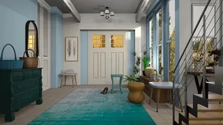 门厅、门厅、门、地毯、蓝色、楼梯、镜子、室内