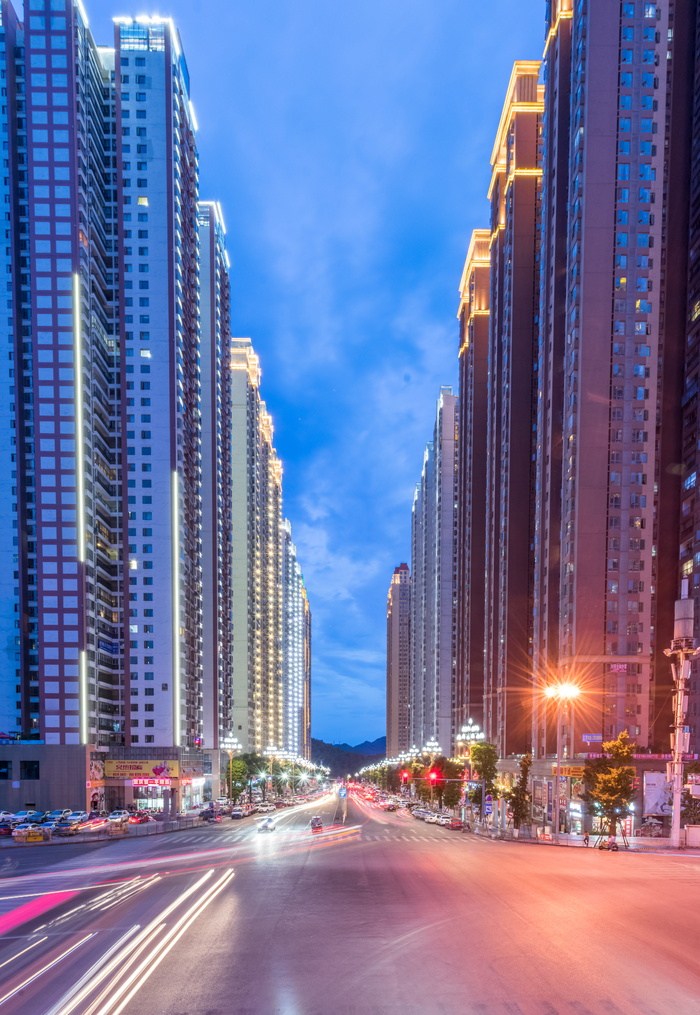 贵州，长曝光，对称，建筑，花果园，花果区，路灯，住宅