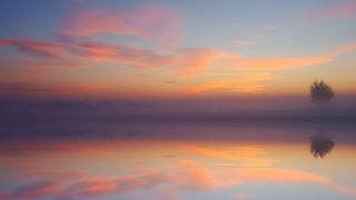 黎明、湖泊、镜像、日落、黄昏、傍晚、景观、雪