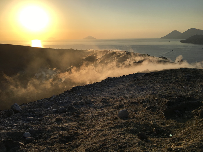 火山、风成群岛、日落、岛屿、海洋、岛屿、景观、意大利