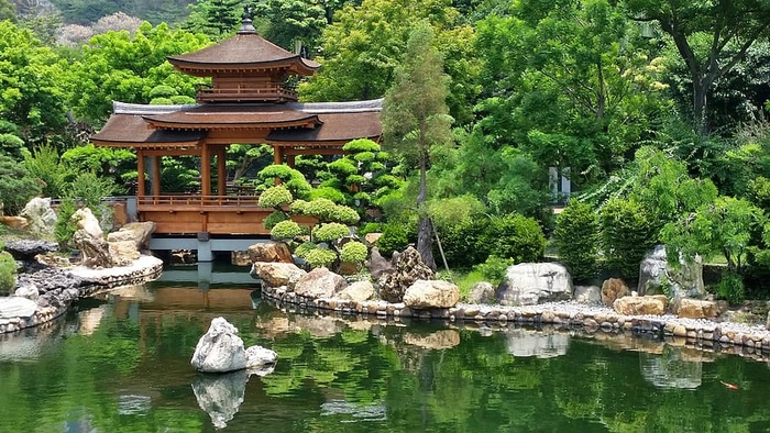 棕色、木质、露台、树木、池塘、日本、花园、寺庙