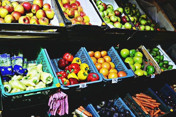 各种水果、贴纸、照片、蔬菜、水果、篮子、市场、食品