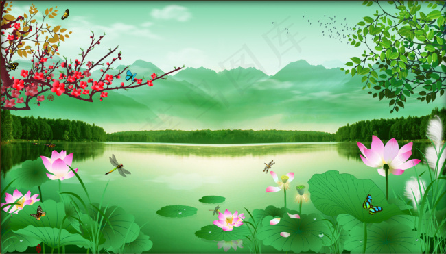 国画荷花梅花(6715X3965(DPI:400))psd模版下载