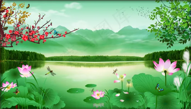 国画荷花梅花(6715X3965(DPI:400))psd模版下载