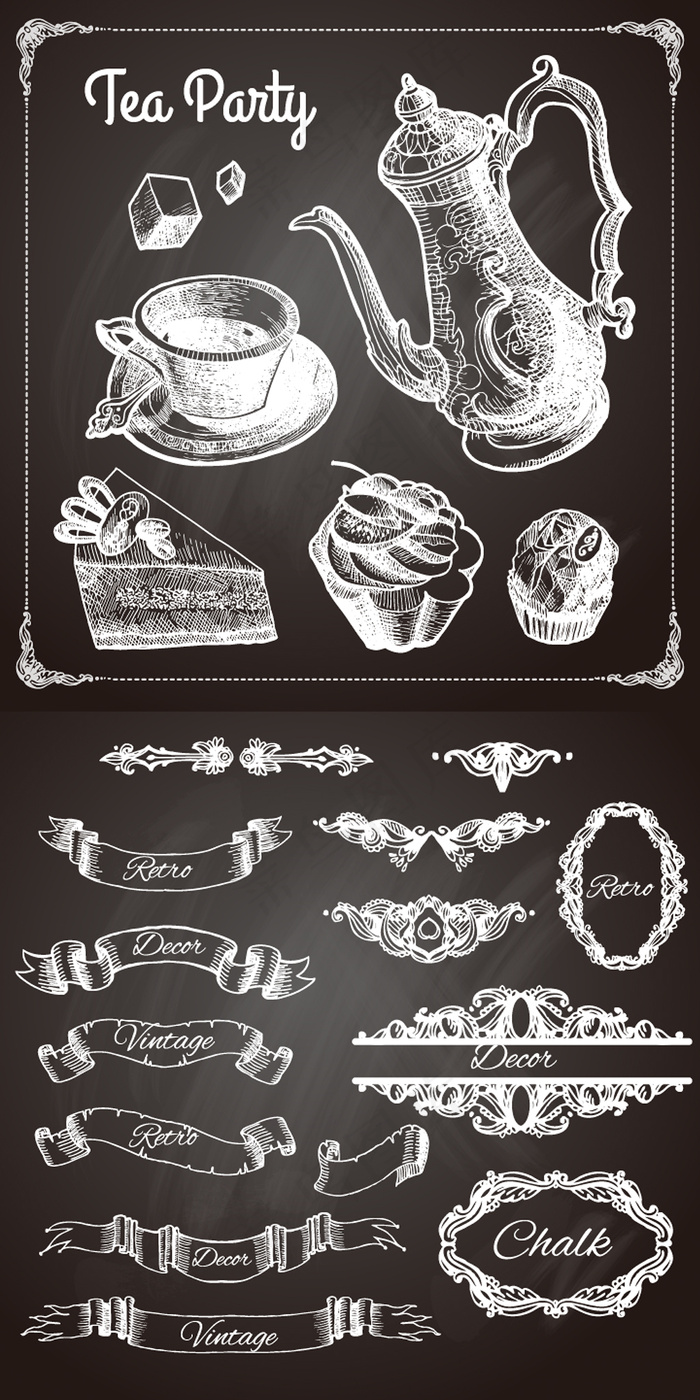 黑白欧美复古西餐厅咖啡厅黑板报插画...